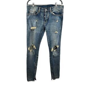 MNML Blue Destroyed Button Fly Zipper Hem Skinny Jean Ankle Zip Slim Stretch 32